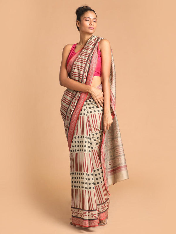 Women's Printed Cotton Blend Saree In Maroon - Indethnic - Indiakreations