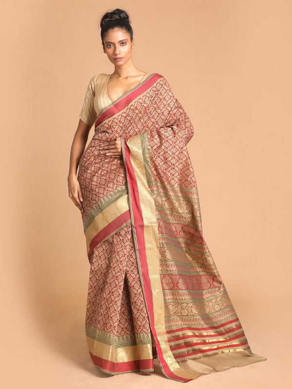 Women's Printed Cotton Blend Saree In Maroon - Indethnic - Indiakreations