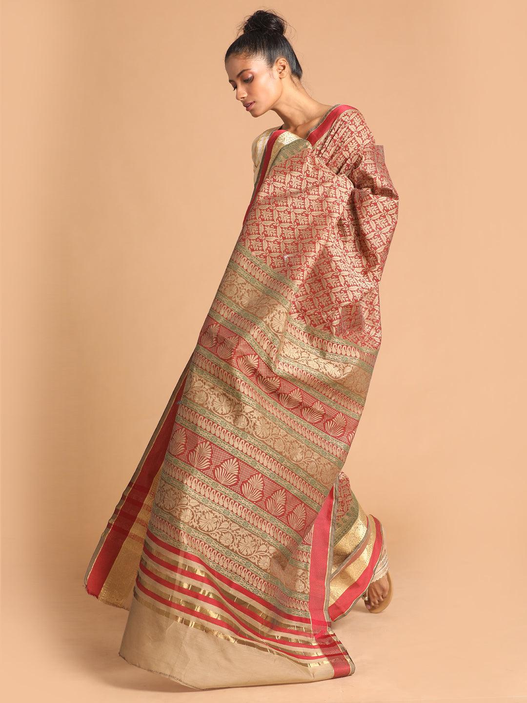 Women's Printed Cotton Blend Saree In Maroon - Indethnic - Indiakreations