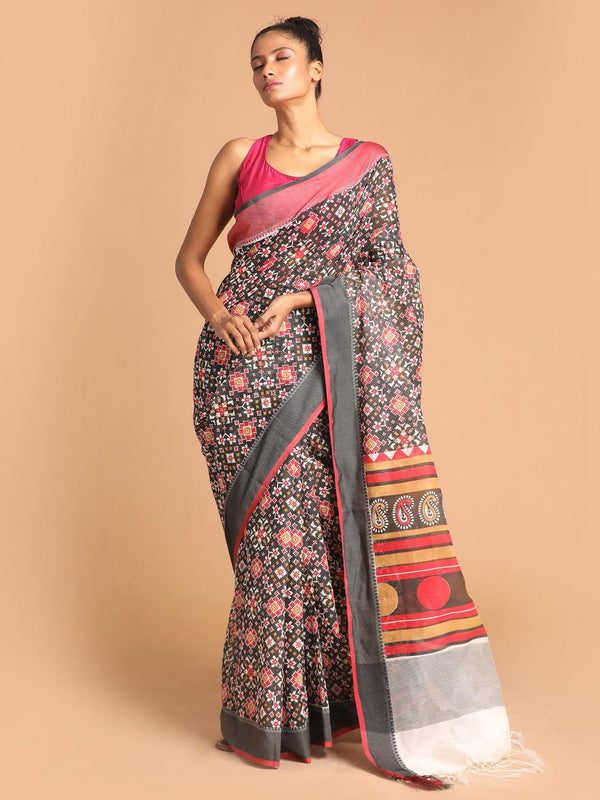 Women's Printed Cotton Blend Saree In Maroon - Indethnic - Indiakreations