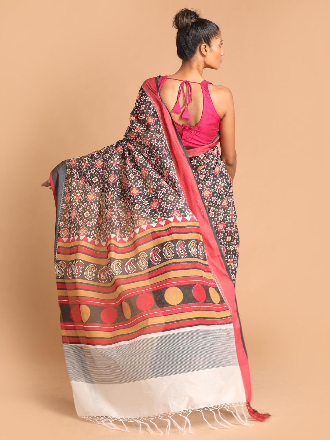 Women's Printed Cotton Blend Saree In Maroon - Indethnic - Indiakreations