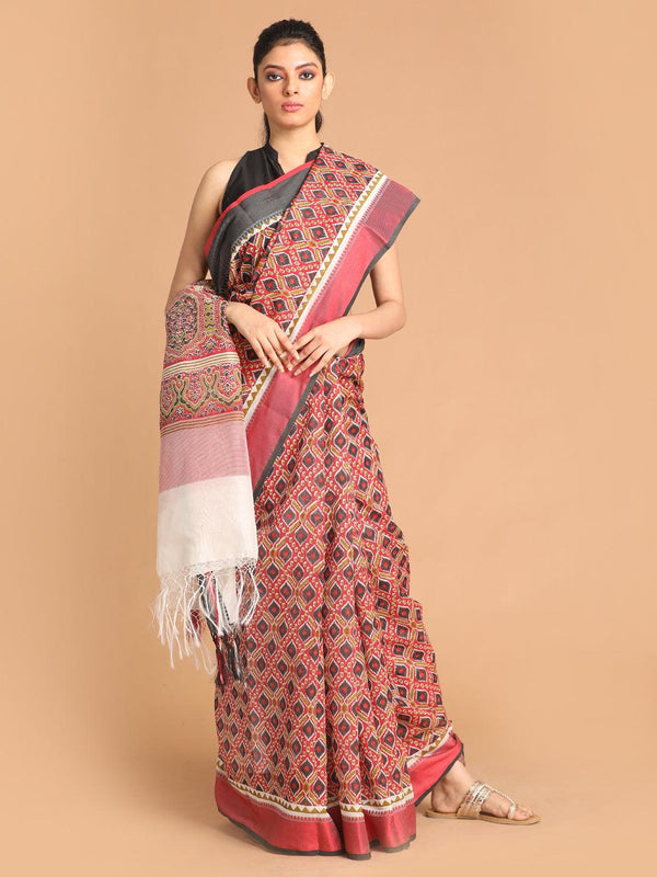 Women's Printed Cotton Blend Saree In Maroon - Indethnic - Indiakreations