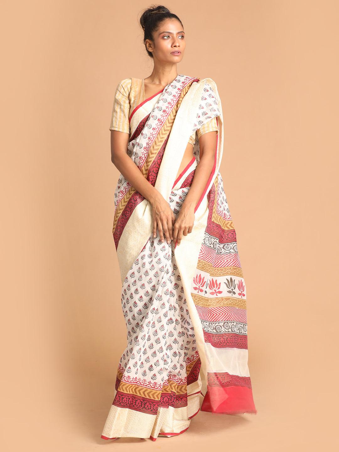 Women's Printed Cotton Blend Saree In Maroon - Indethnic - Indiakreations