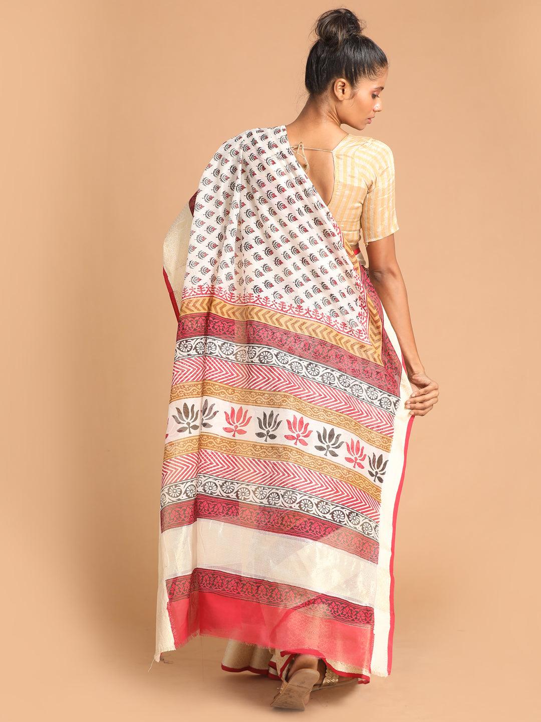 Women's Printed Cotton Blend Saree In Maroon - Indethnic - Indiakreations