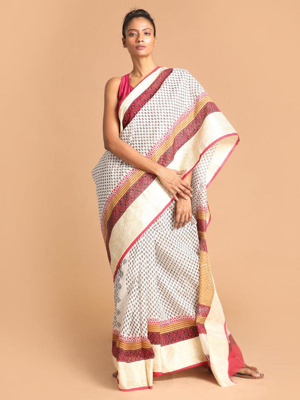 Women's Printed Cotton Blend Saree In Maroon - Indethnic - Indiakreations