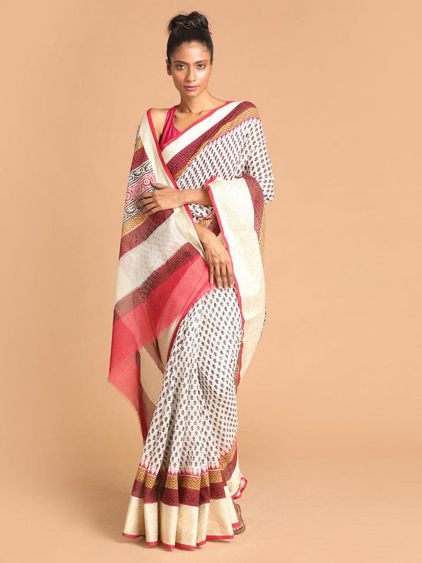 Women's Printed Cotton Blend Saree In Maroon - Indethnic - Indiakreations