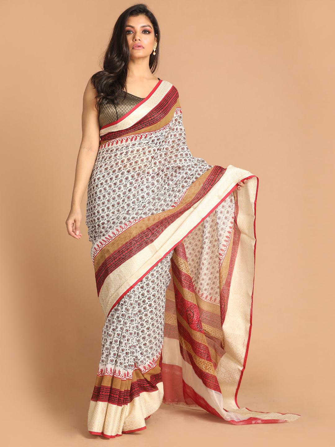 Women's Printed Cotton Blend Saree In Maroon - Indethnic - Indiakreations