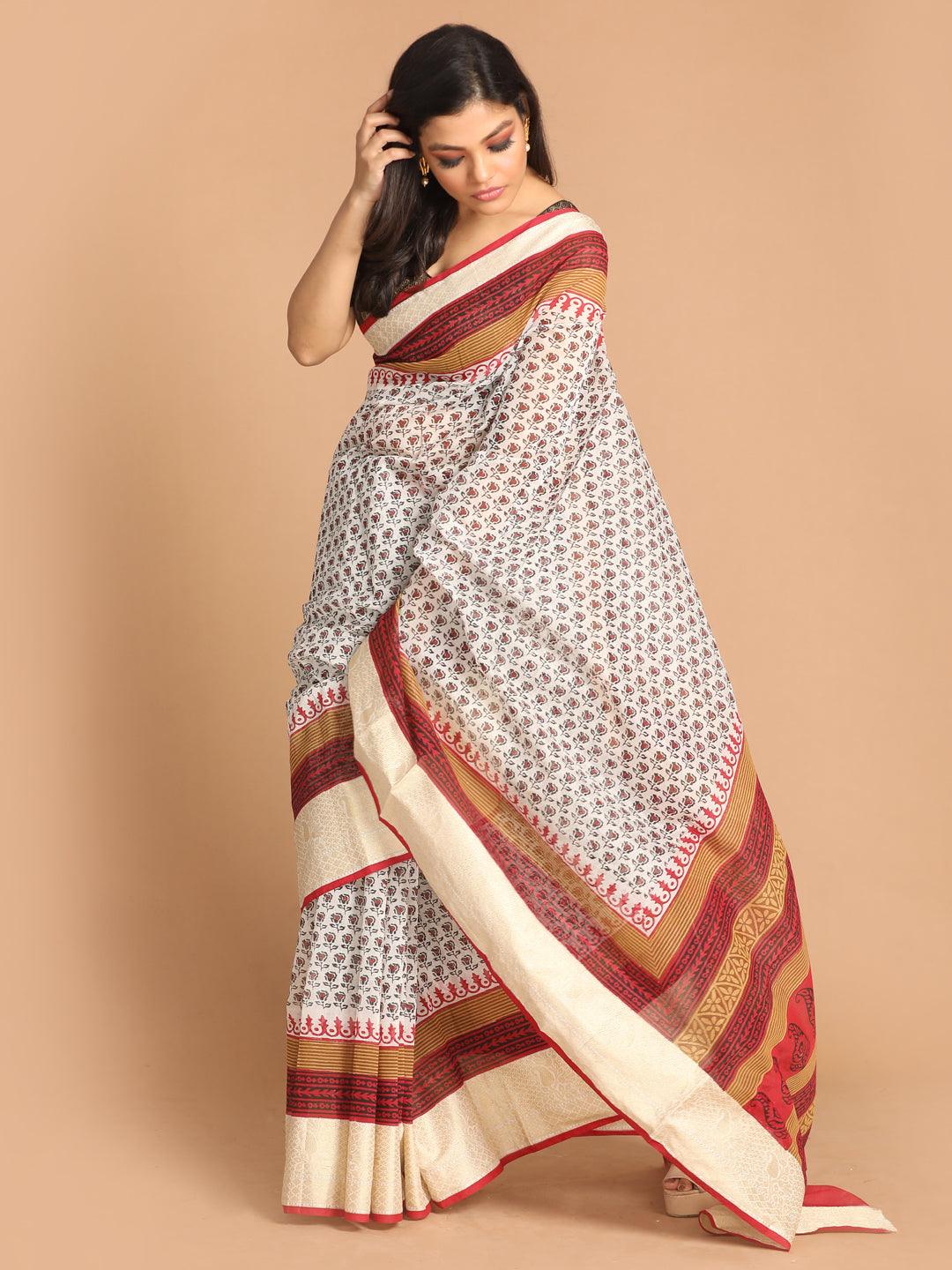 Women's Printed Cotton Blend Saree In Maroon - Indethnic - Indiakreations