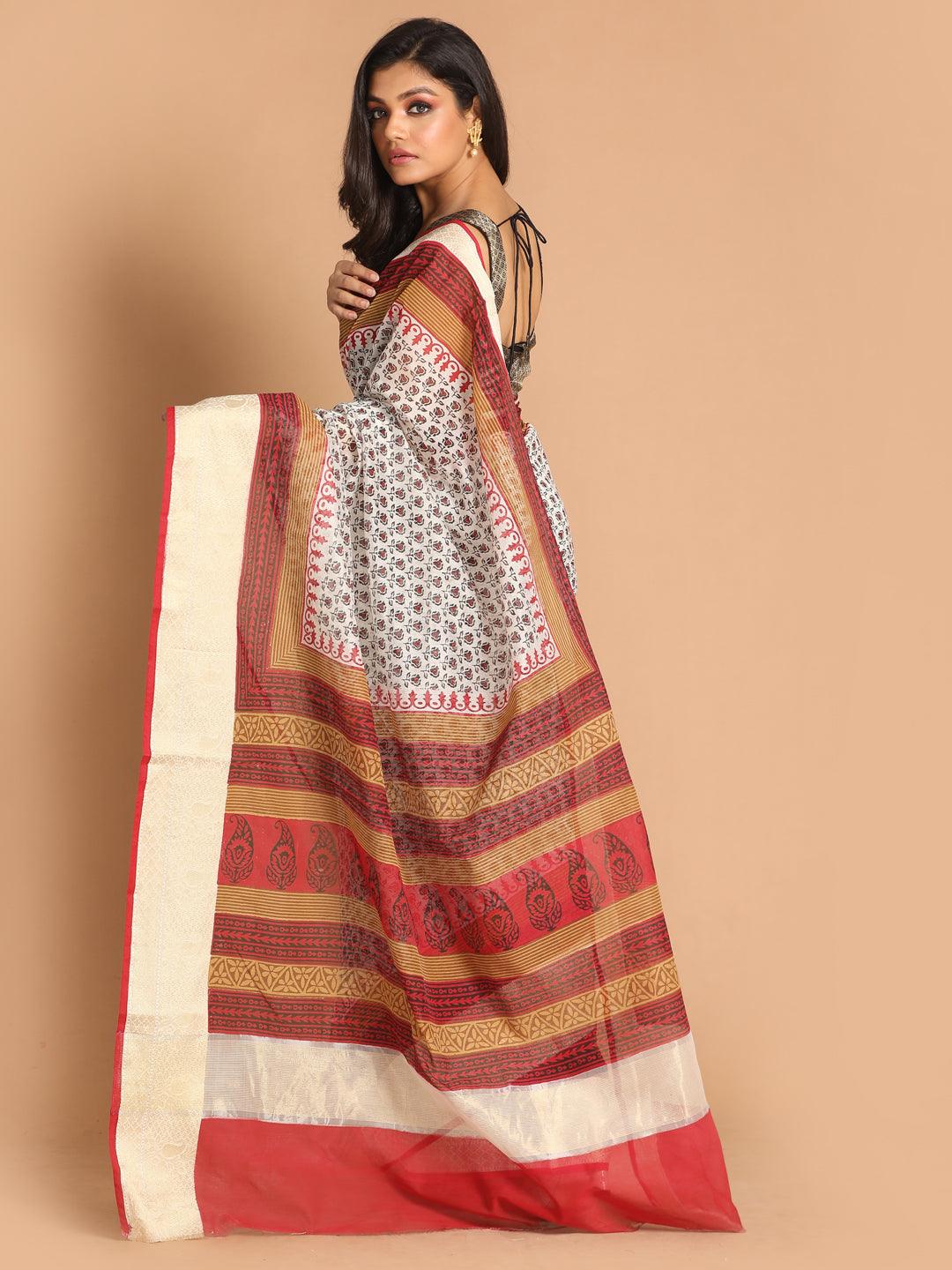 Women's Printed Cotton Blend Saree In Maroon - Indethnic - Indiakreations