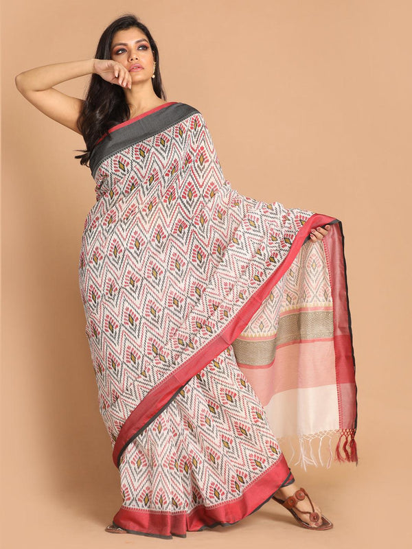 Women's Printed Cotton Blend Saree In Maroon - Indethnic - Indiakreations