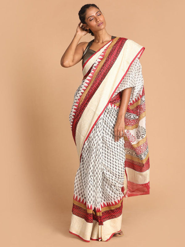 Women's Printed Cotton Blend Saree In Maroon - Indethnic - Indiakreations