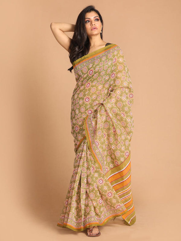 Women's Printed Super Net Saree In Olive - Indethnic - Indiakreations