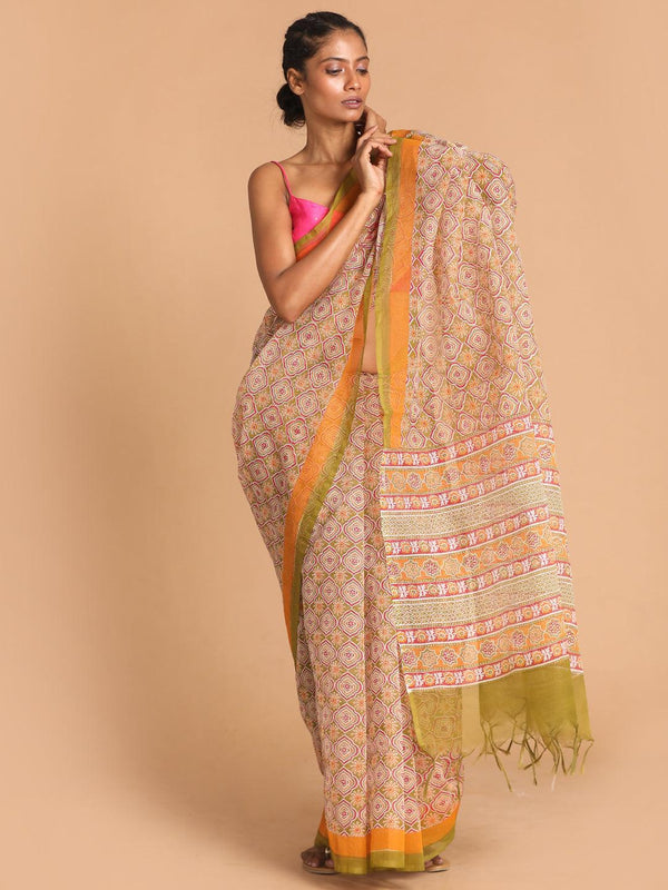 Women's Printed Super Net Saree In Olive - Indethnic - Indiakreations