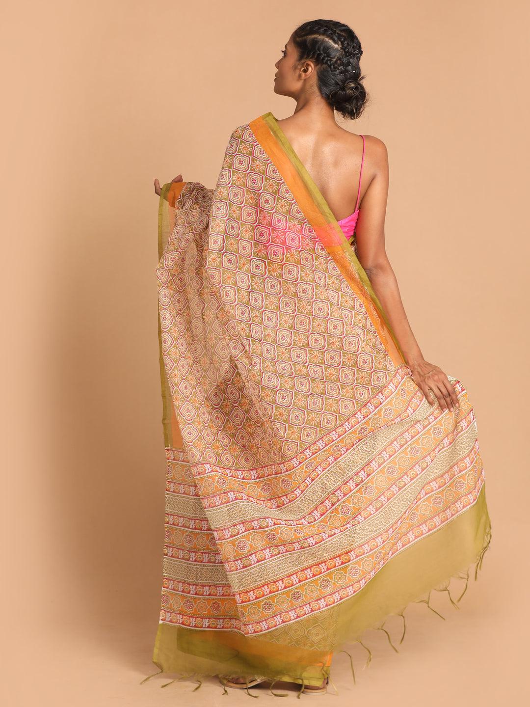 Women's Printed Super Net Saree In Olive - Indethnic - Indiakreations