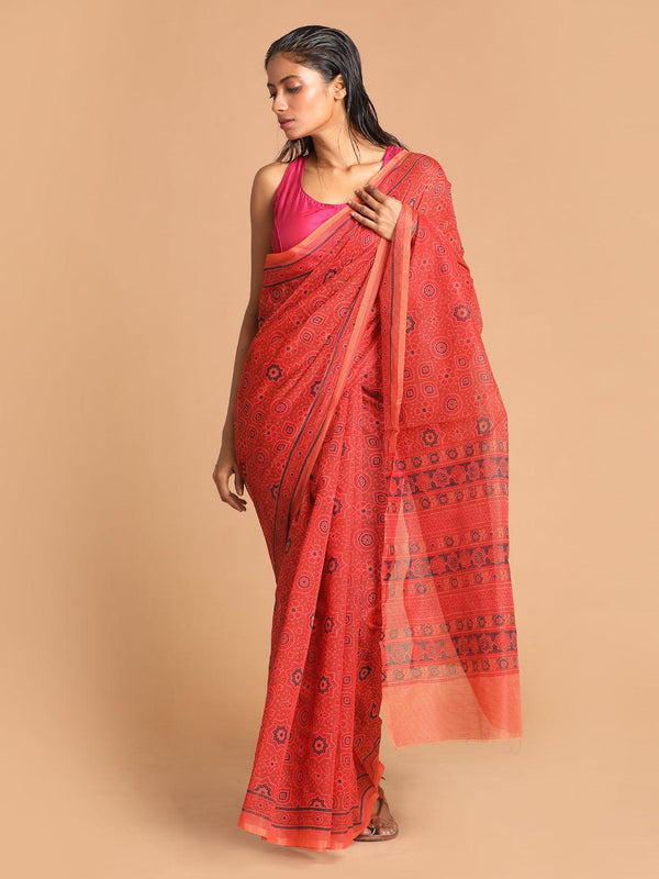 Women's Printed Super Net Saree In Rust - Indethnic - Indiakreations