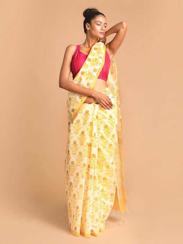 Women's Printed Super Net Saree In Yellow - Indethnic - Indiakreations