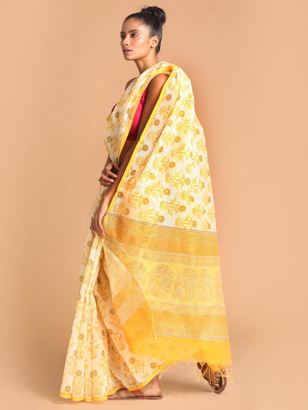 Women's Printed Super Net Saree In Yellow - Indethnic - Indiakreations