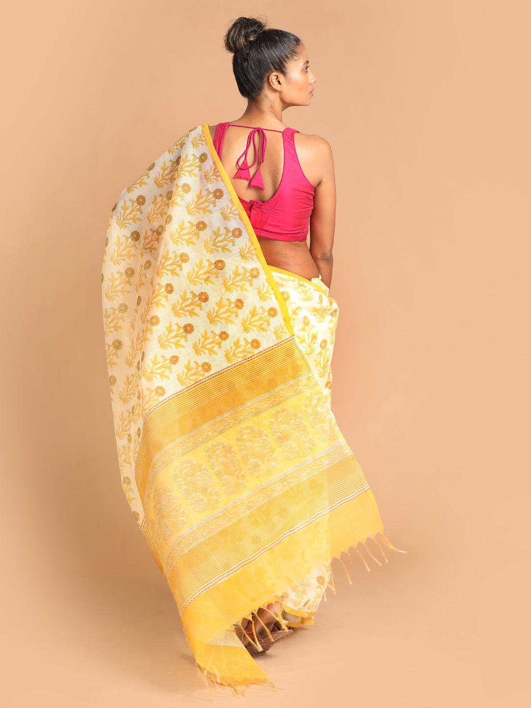 Women's Printed Super Net Saree In Yellow - Indethnic - Indiakreations