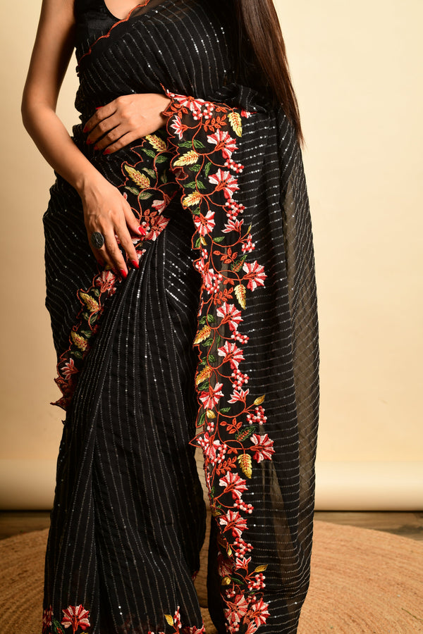 Women's  Black Heavy Thread Work Saree - VAMSEE