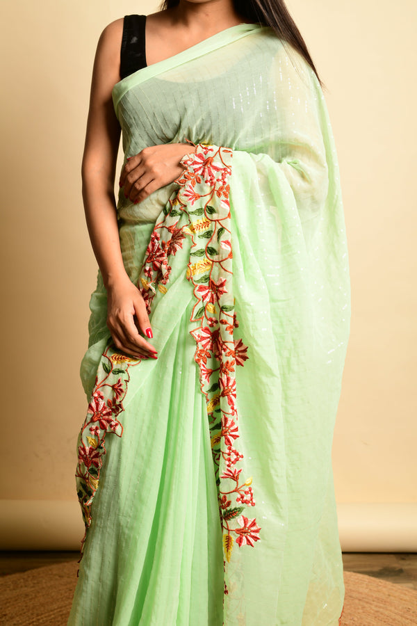 Women's  Green Heavy Thread Work Saree - VAMSEE