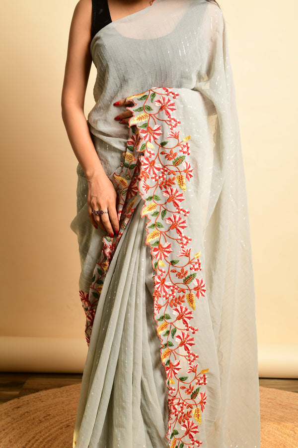 Women's  Grey Heavy Thread Work Saree - VAMSEE