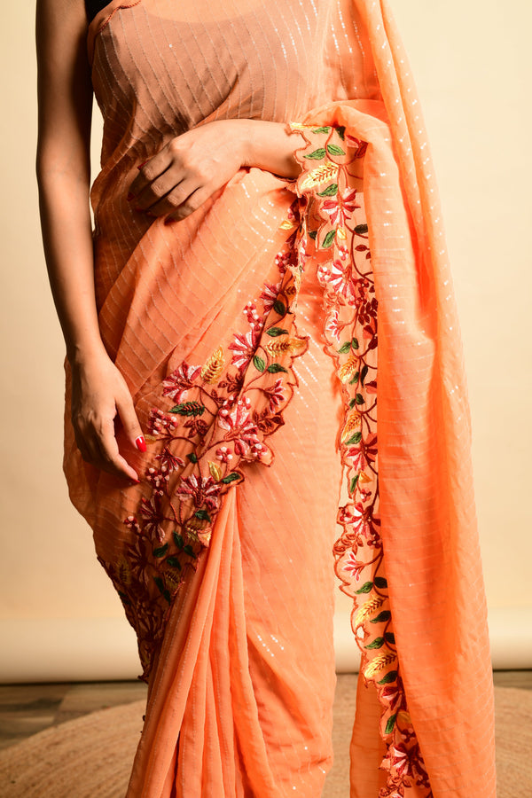 Women's  Orange Heavy Thread Work Saree - VAMSEE