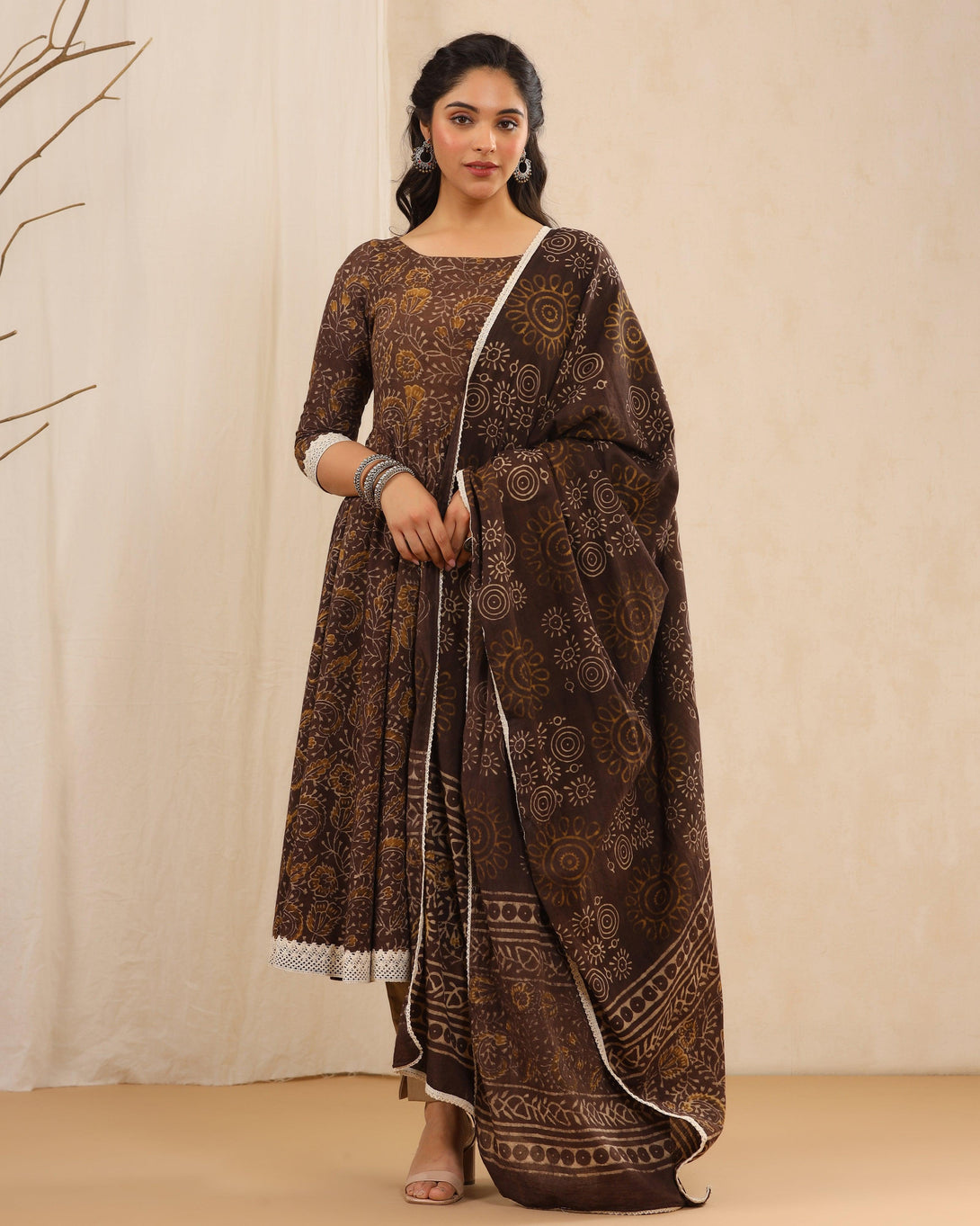 Women's Brown Anarkali Suit Set with Pants & Dupatta by Baisacrafts- (3pcs set) - Indiakreations