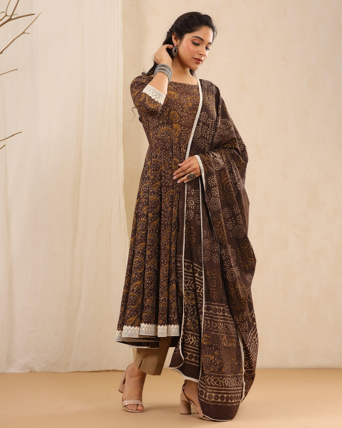 Women's Brown Anarkali Suit Set with Pants & Dupatta by Baisacrafts- (3pcs set) - Indiakreations