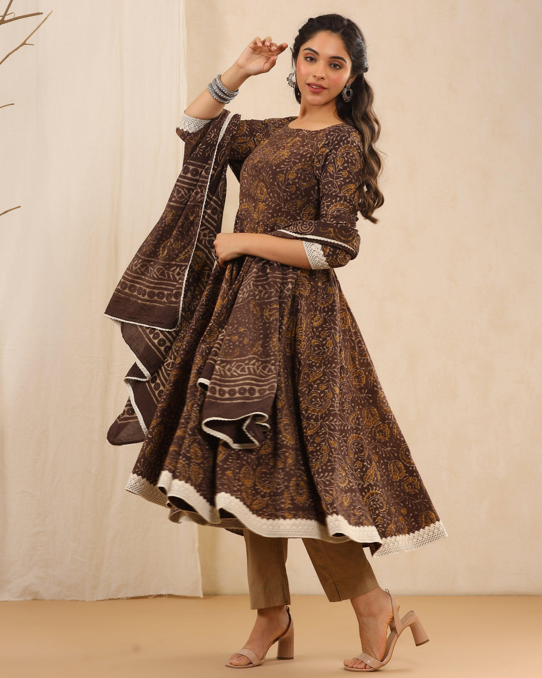 Women's Brown Anarkali Suit Set with Pants & Dupatta by Baisacrafts- (3pcs set) - Indiakreations