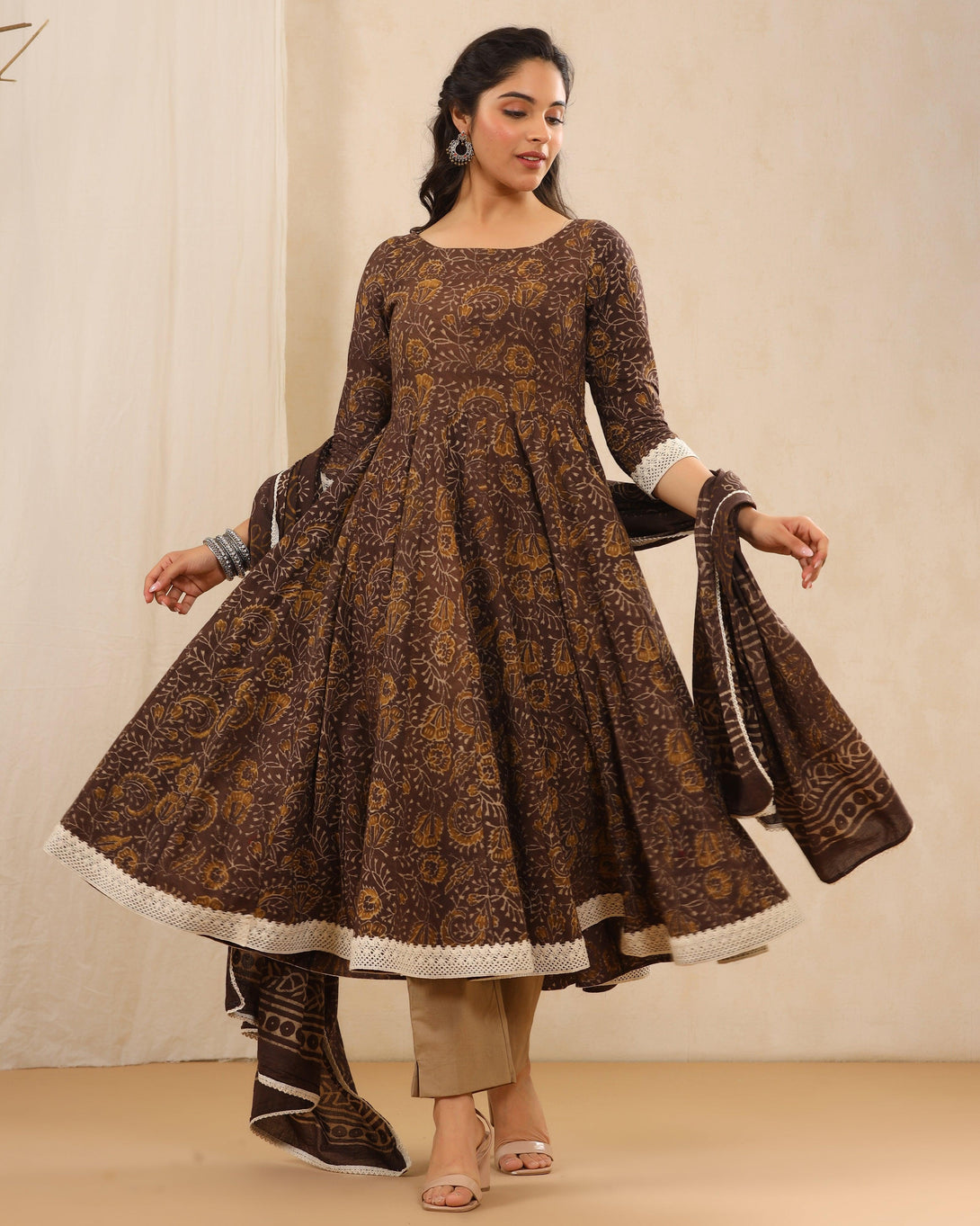 Women's Brown Anarkali Suit Set with Pants & Dupatta by Baisacrafts- (3pcs set) - Indiakreations