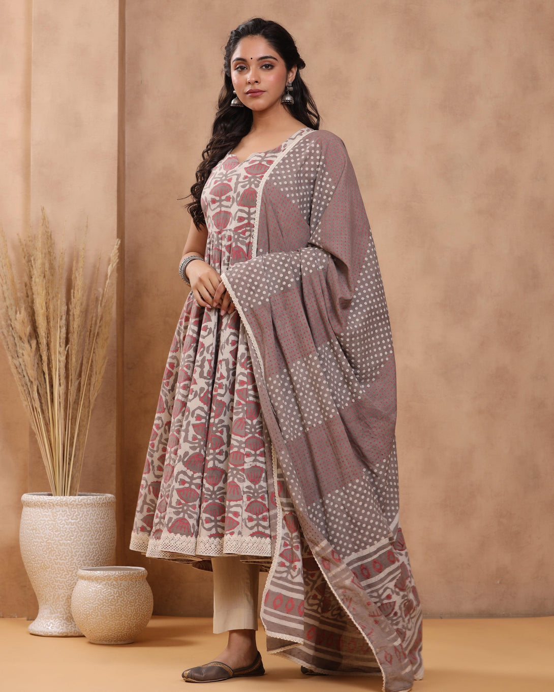 Women's Coco Dabu Print Cotton Anarkali Suit Set ( Set of 3 ) - Baisacrafts - Indiakreations