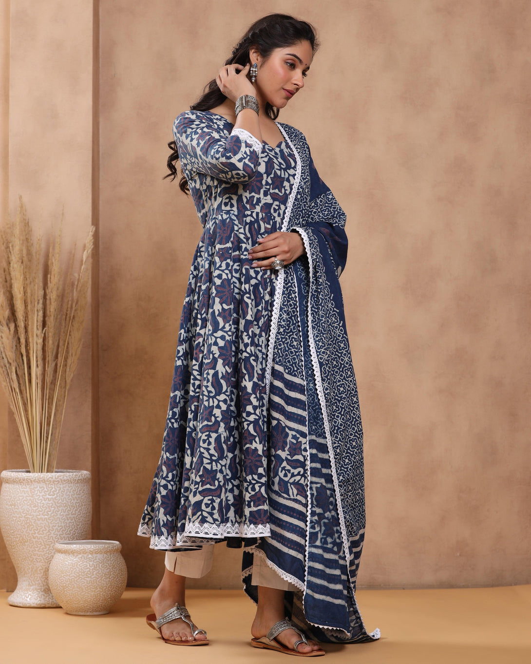 Women's Emu Dabu Print Cotton Anarkali Suit Set ( Set of 3 ) - Baisacrafts - Indiakreations