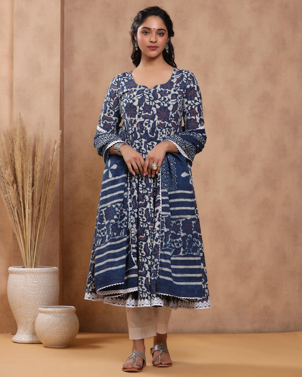 Women's Emu Dabu Print Cotton Anarkali Suit Set ( Set of 3 ) - Baisacrafts - Indiakreations