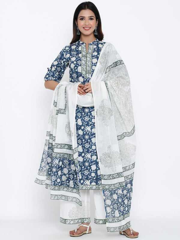 Women's Blue Printed Cotton Kurta & Palazzo set by Kipek- (3pcs set)