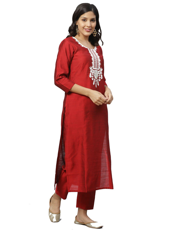 KSUT Women Maroon & Silver Zari Embroidered Yoke Design Kurta with Trousers - Indiakreations