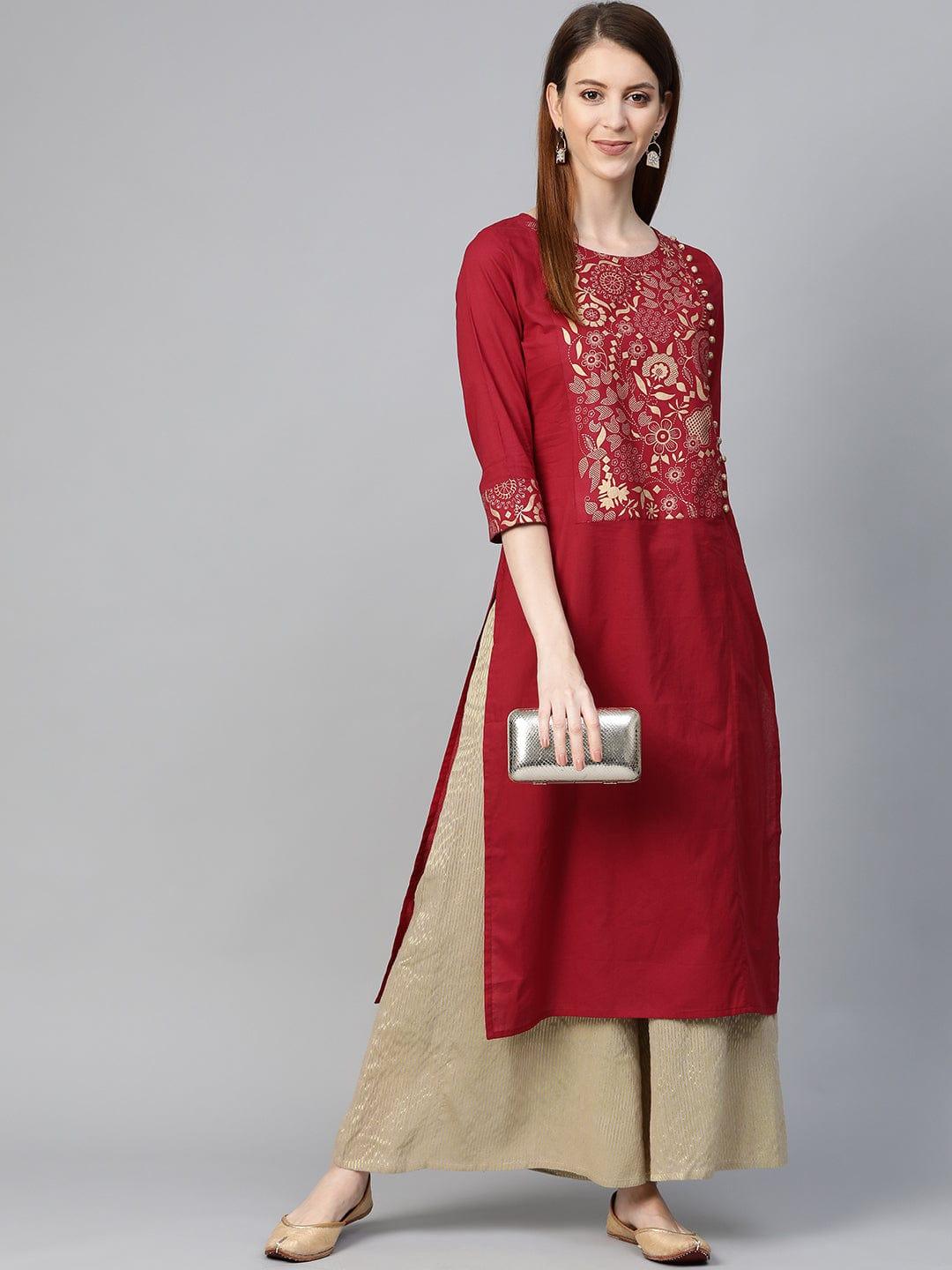 KSUT Women Maroon Ethnic Motifs Yoke Design Kurta - Indiakreations