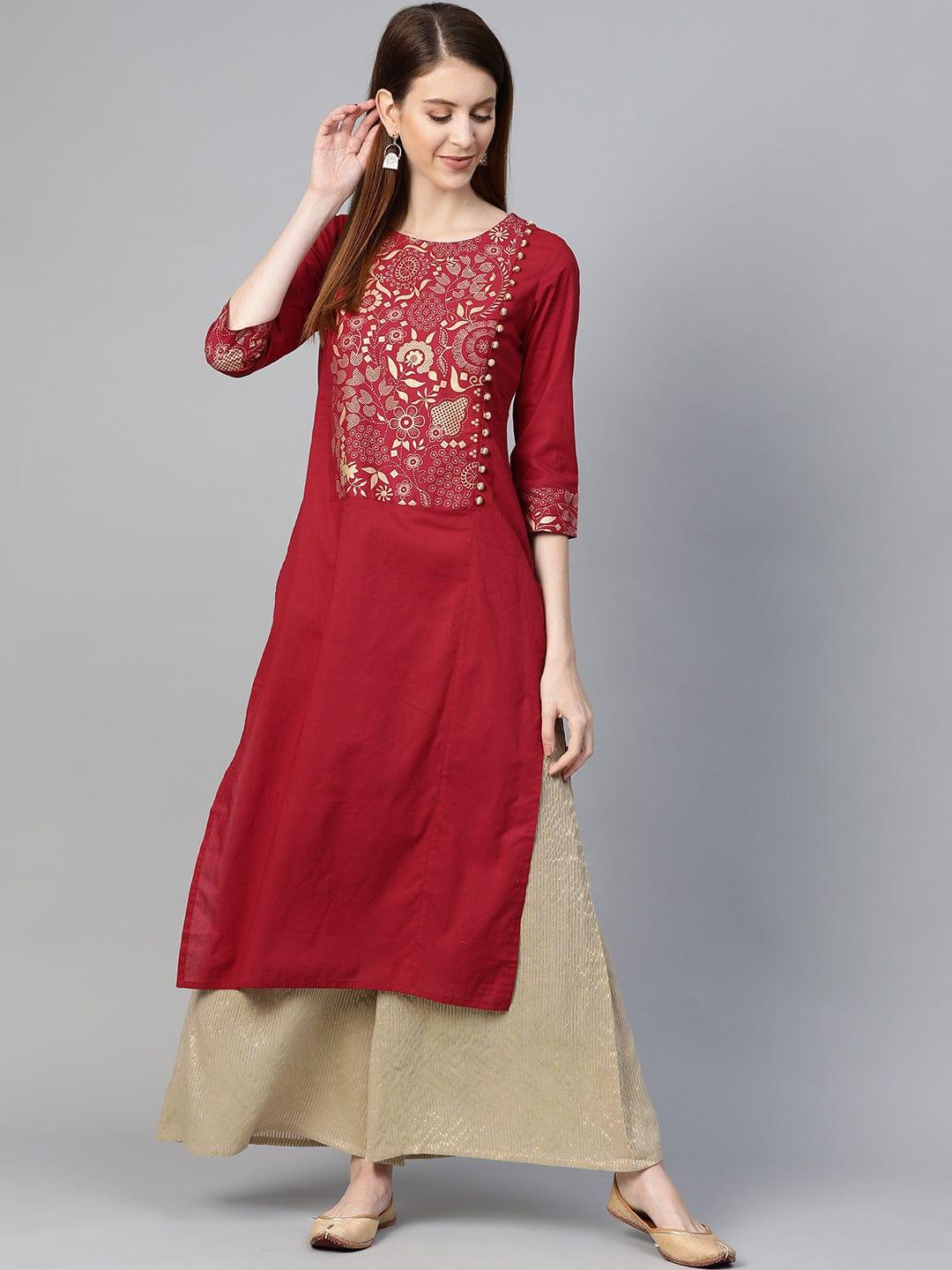 KSUT Women Maroon Ethnic Motifs Yoke Design Kurta - Indiakreations