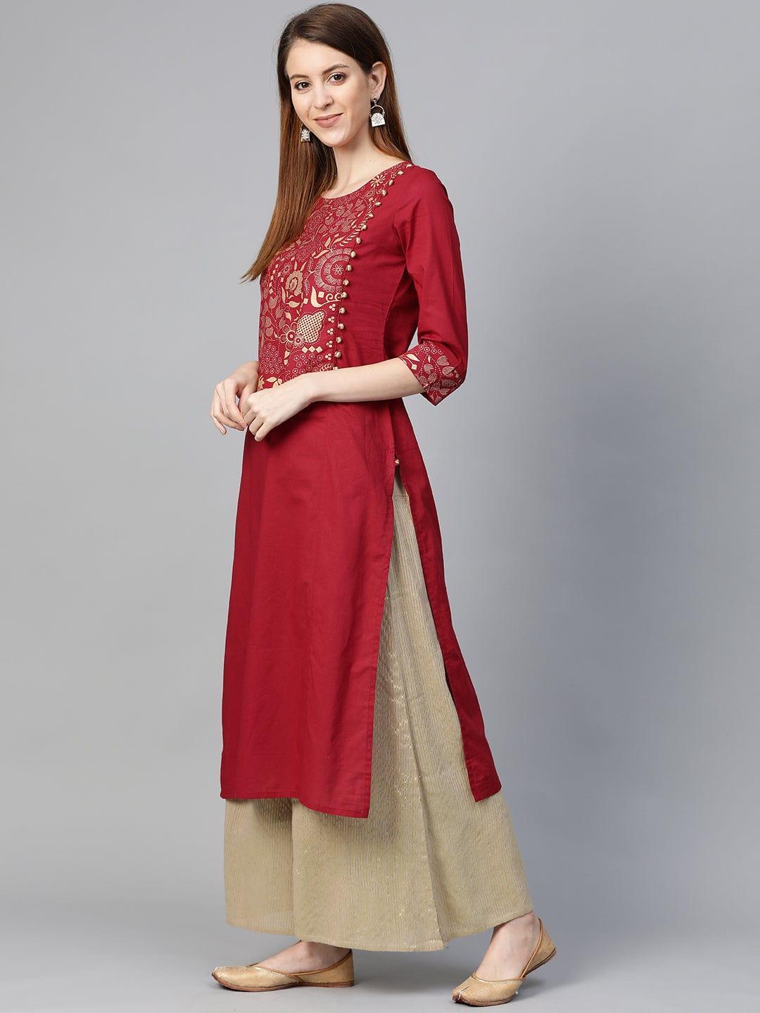 KSUT Women Maroon Ethnic Motifs Yoke Design Kurta - Indiakreations