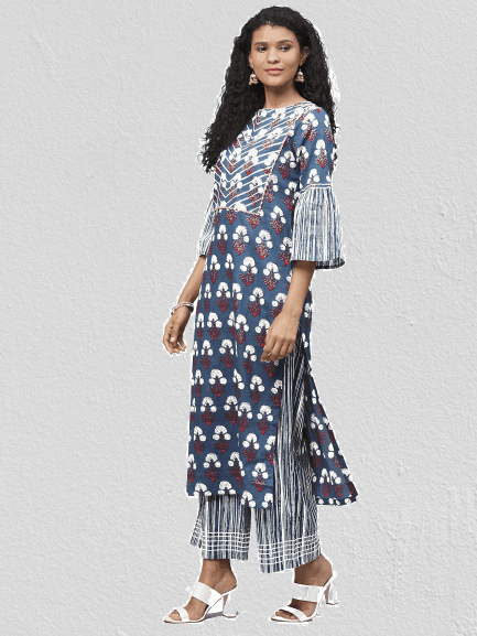 KSUT Indigo And Maroon Floral Printed Bell Sleeves Gota Work Kurta With Stripe Print Gota Palazzo. - Indiakreations