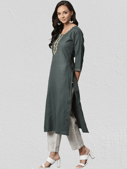 KSUT Olive Green & Off-White Solid Kurta with Trousers - Indiakreations