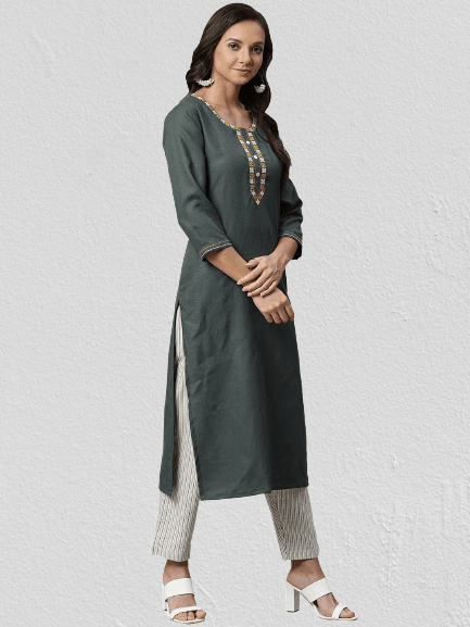 KSUT Olive Green & Off-White Solid Kurta with Trousers - Indiakreations