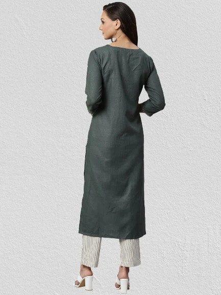 KSUT Olive Green & Off-White Solid Kurta with Trousers - Indiakreations