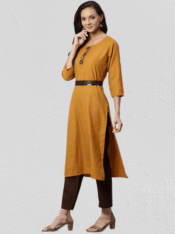 KSUT Mustard Brown & Brown Solid Kurta with Trousers - Indiakreations