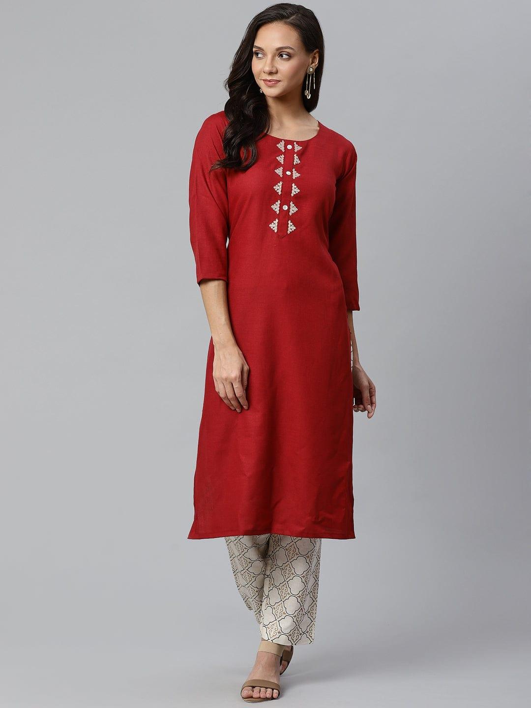 KSUT Maroon & Off-White Solid Kurta with Trousers - Indiakreations