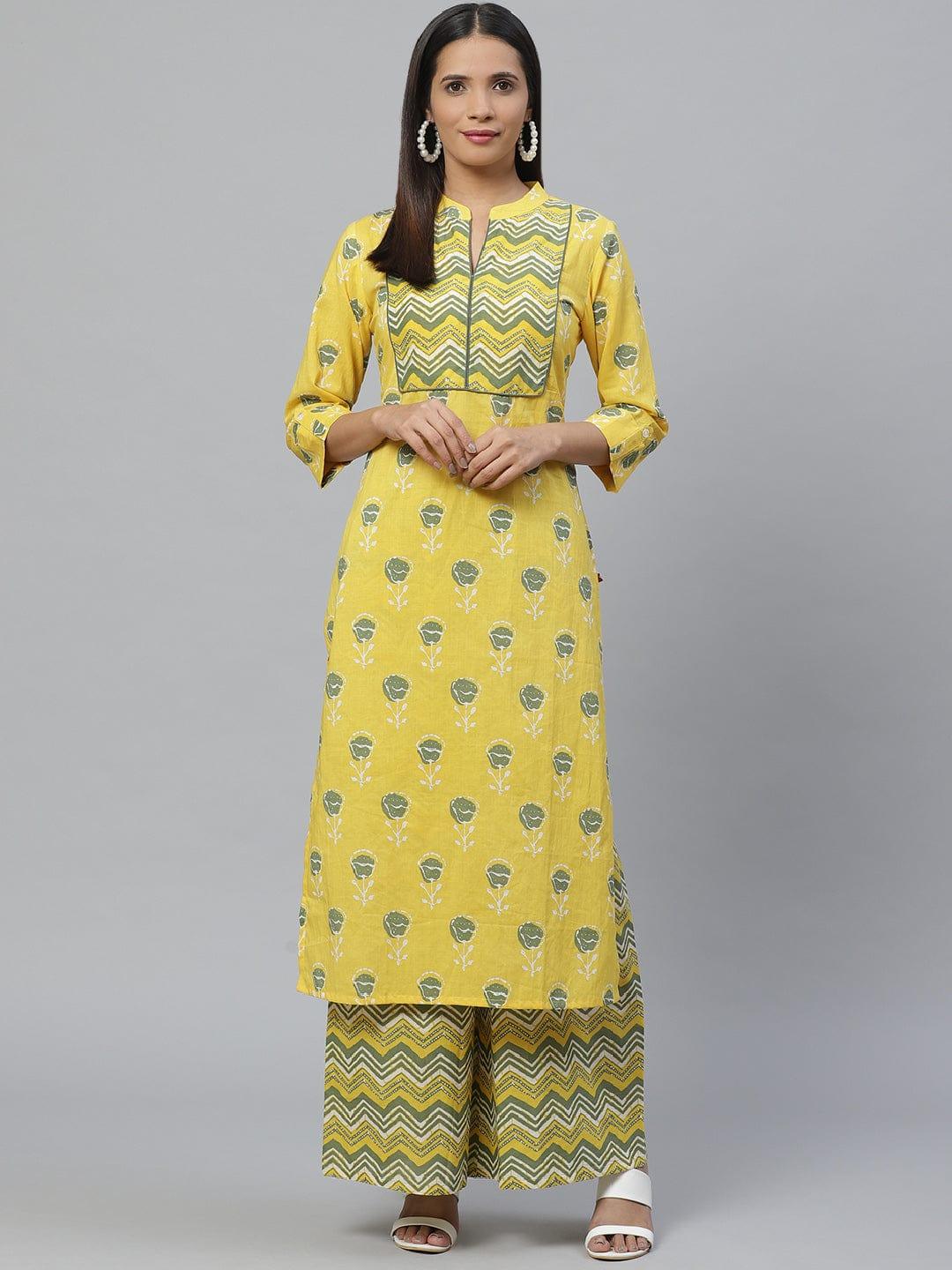 KSUT Yellow & Green Printed Kurta with Palazzos - Indiakreations