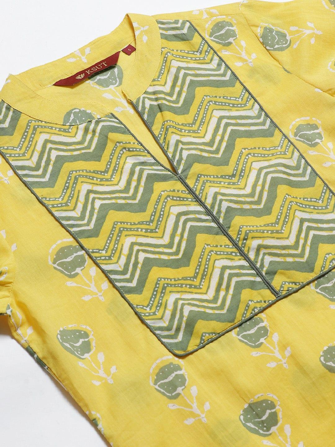 KSUT Yellow & Green Printed Kurta with Palazzos - Indiakreations