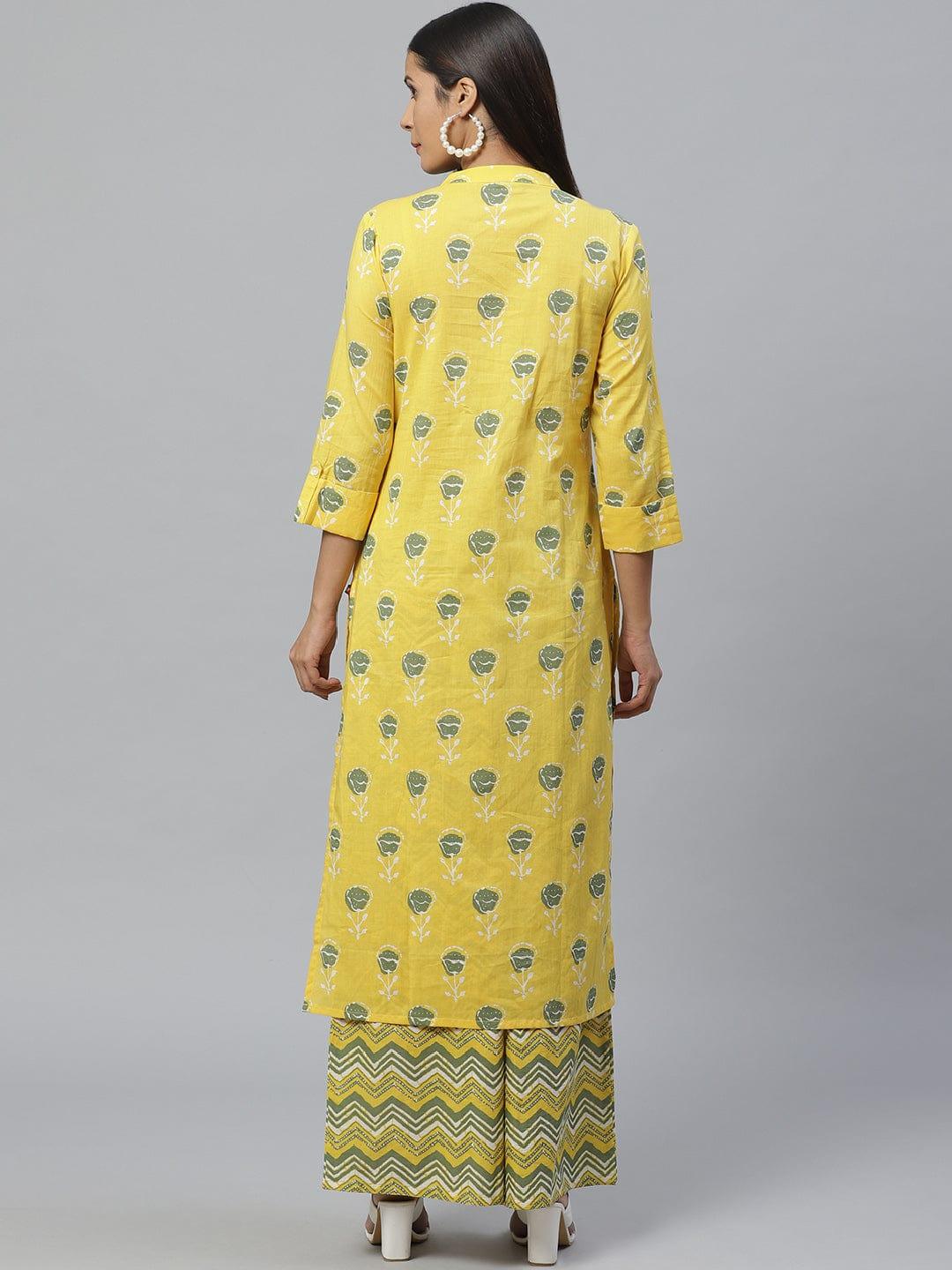 KSUT Yellow & Green Printed Kurta with Palazzos - Indiakreations