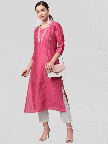 KSUT Pink & Grey Striped Kurta with Trousers - Indiakreations