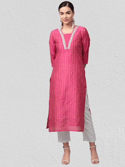 KSUT Pink & Grey Striped Kurta with Trousers - Indiakreations