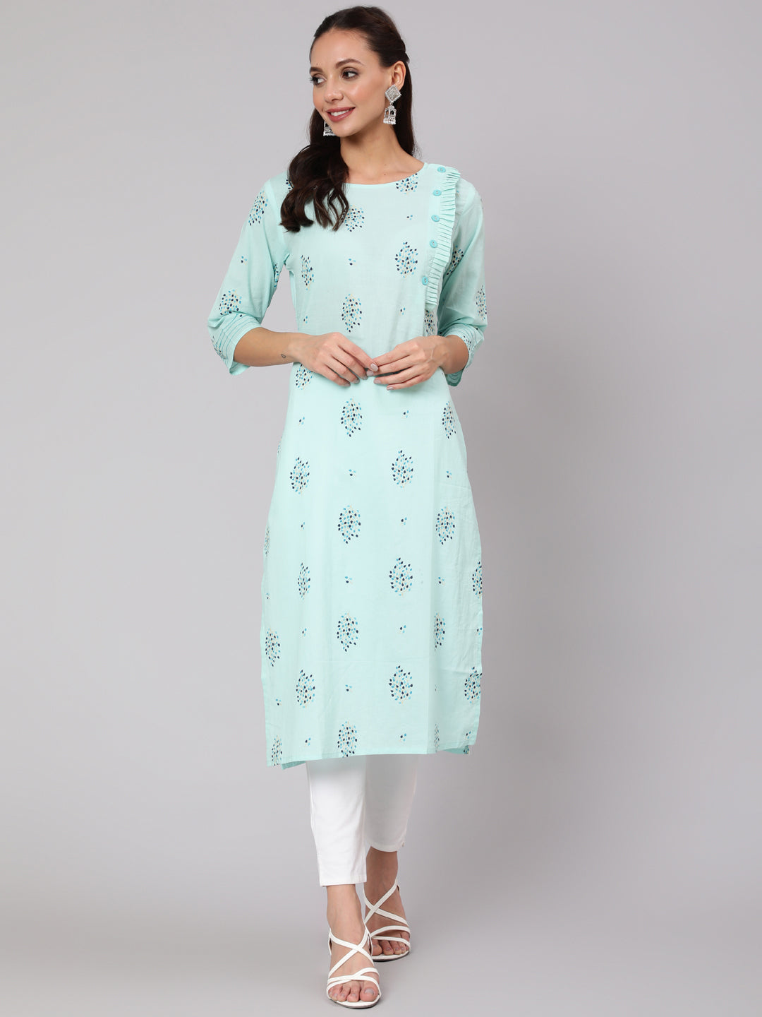 Women Powder Blue Calf Length Three-Quarter Sleeves Straight Floral Yoke Design Cotton Kurta | NOZ2TOZ - Made In INDIA.